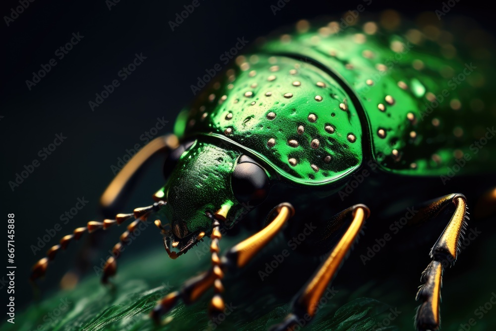 Poster a close up of a green bug on a green leaf. generative ai