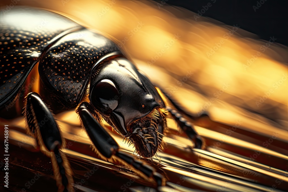 Poster a close up of a bug on a surface with a blurry background. generative ai