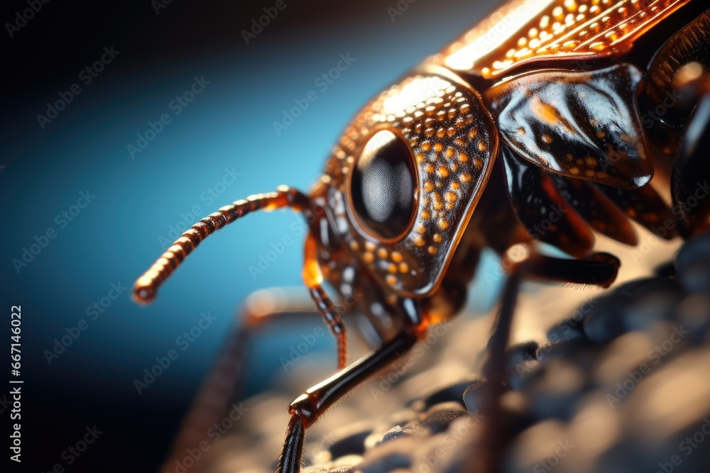 Poster a close up of a bug on a surface with a blue background. generative ai