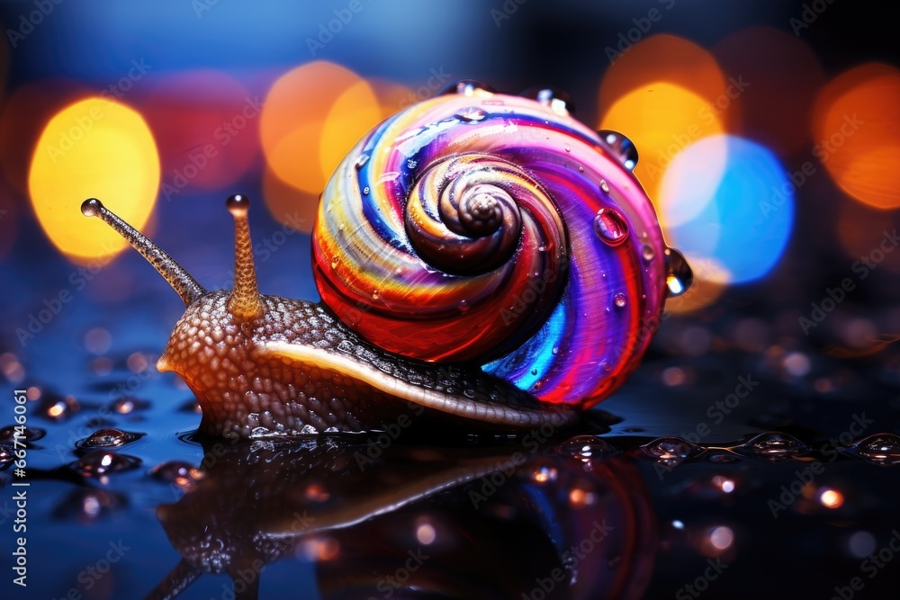 Poster a snail with a multicolored shell on a reflective surface. generative ai