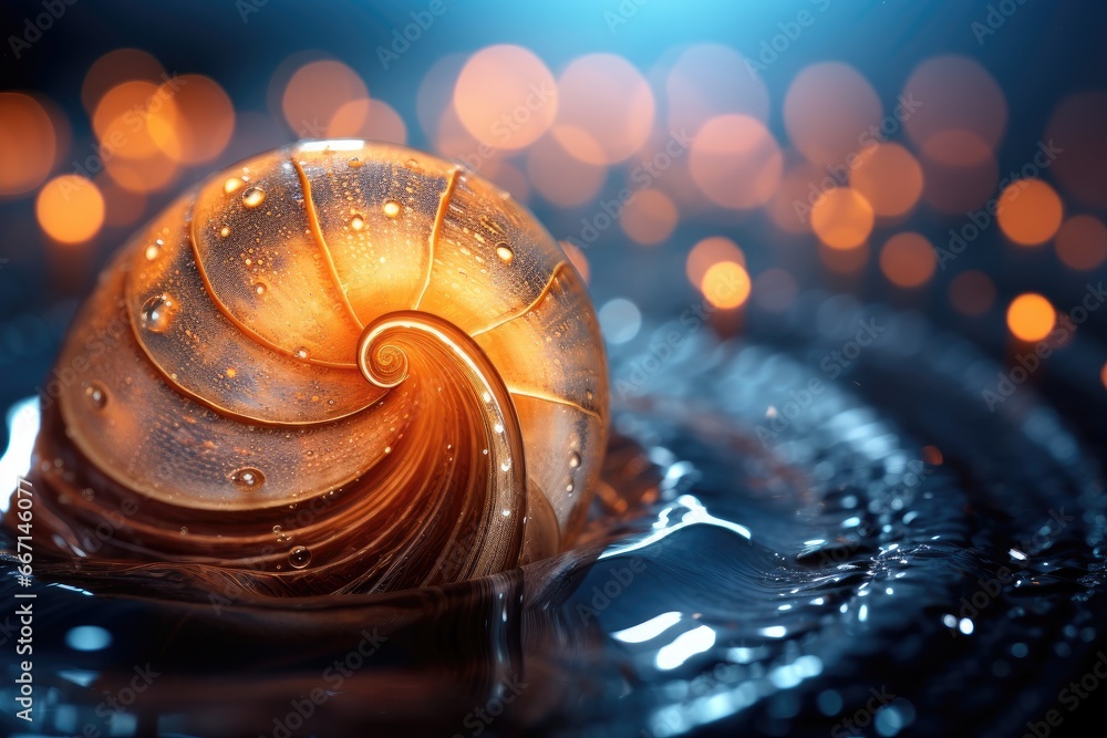 Poster a close up of a snail on a surface with water droplets. generative ai