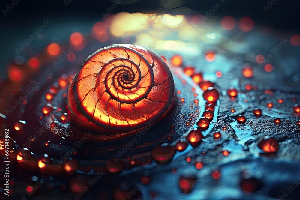 Poster a close up of a snail shell on a surface with drops of water. generative ai