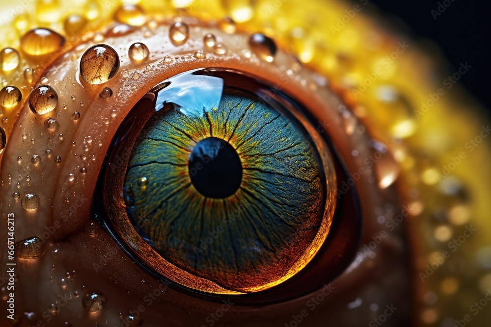 Poster a close up of an eye with drops of water on it. generative ai