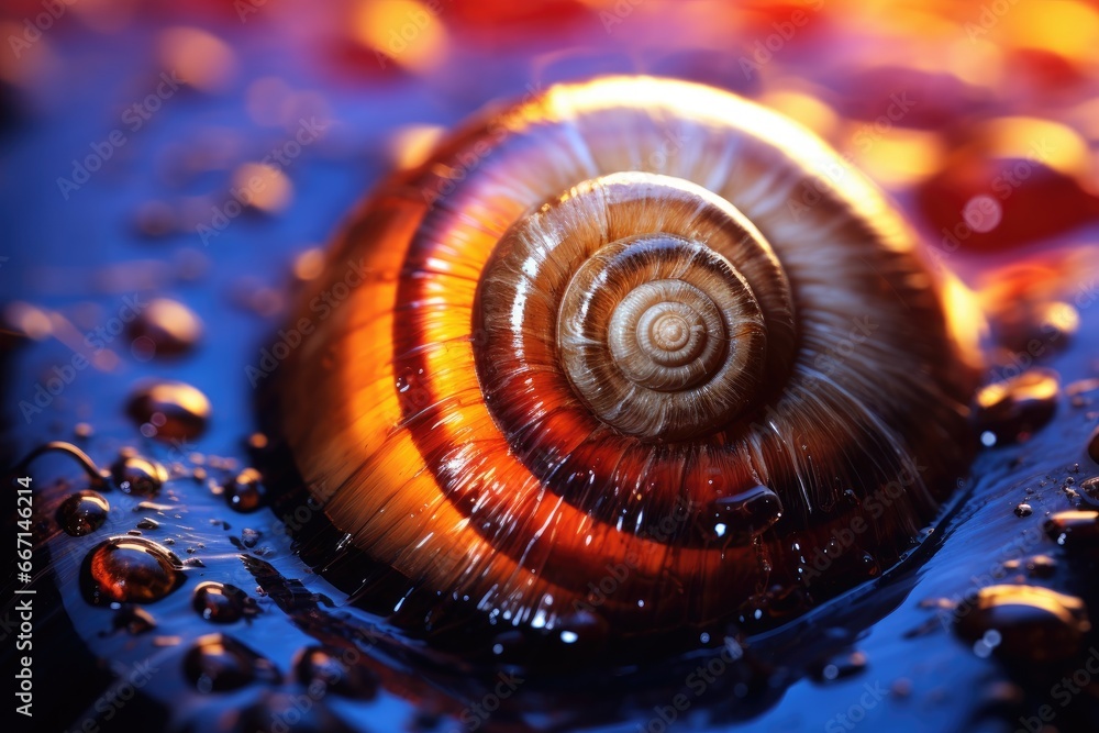 Poster a close up of a snail's shell with drops of water. generative ai