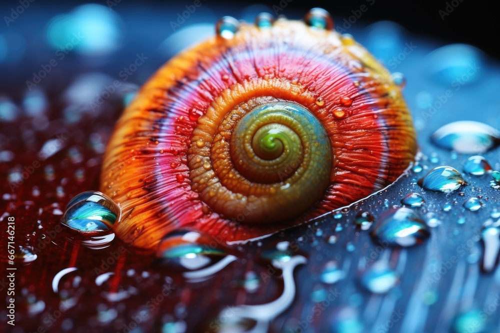Poster a close up of a snail's shell with water droplets. generative ai