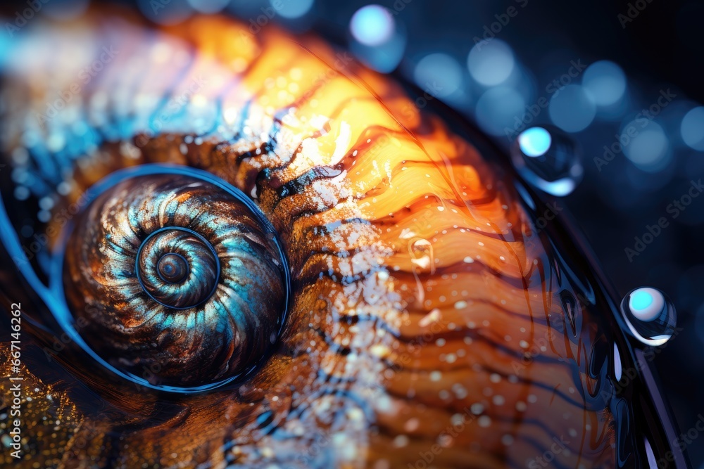 Poster a close up of a snail's shell with water droplets. generative ai