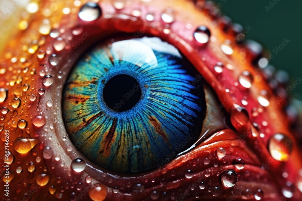 Poster a close up of an eye with drops of water on it. generative ai