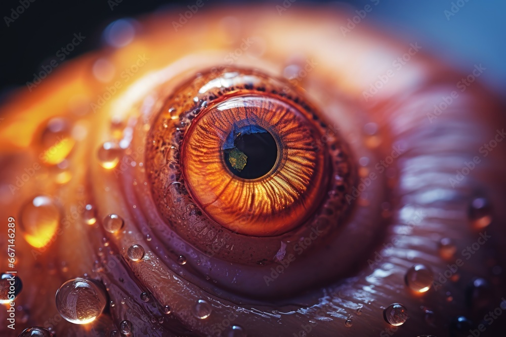 Poster a close up of an eye with drops of water on it. generative ai