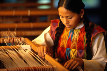 Traditional craft. Indigenous young woman weaving intricate patterns on traditional looms. Colorful threads, patterns coming to life, focused artistry. Skilled craftsmanship, tradition, artistic.