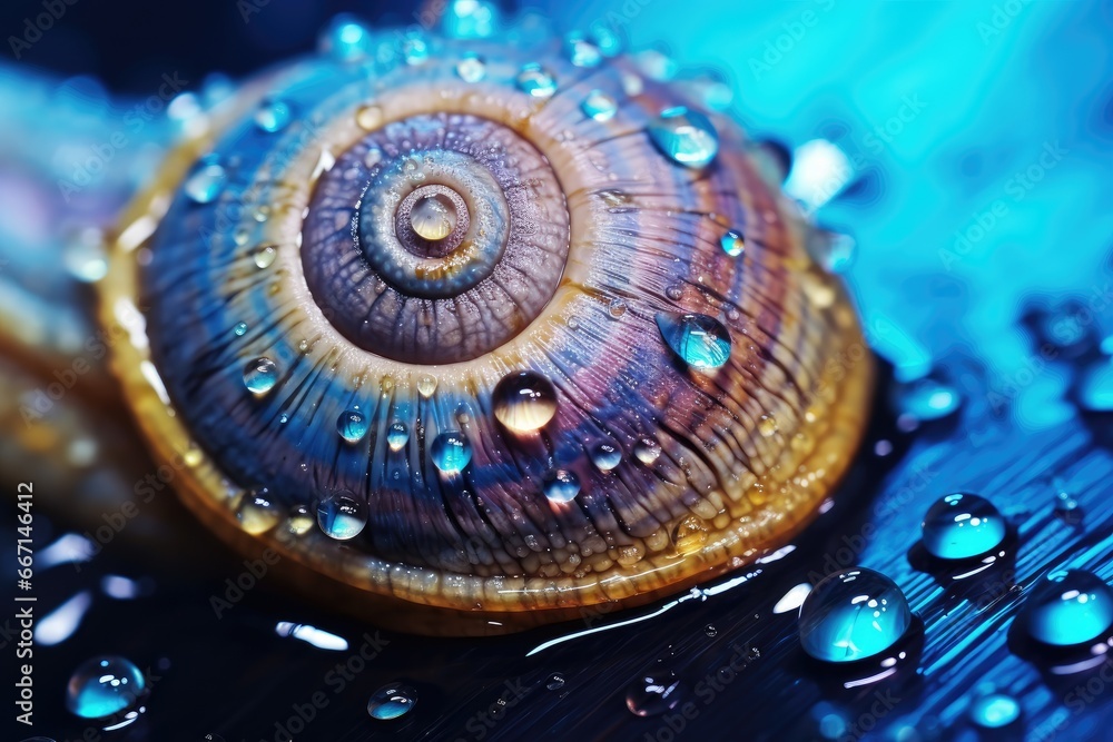 Poster a close up of a snail's shell with drops of water on it. generative ai