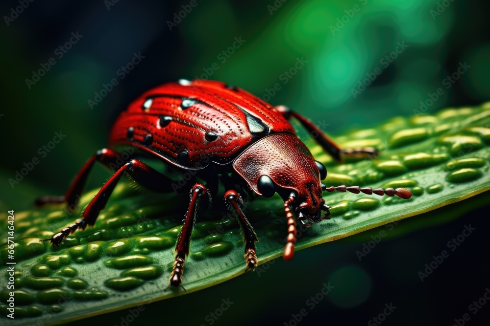 Poster a close up of a red bug on a green leaf. generative ai