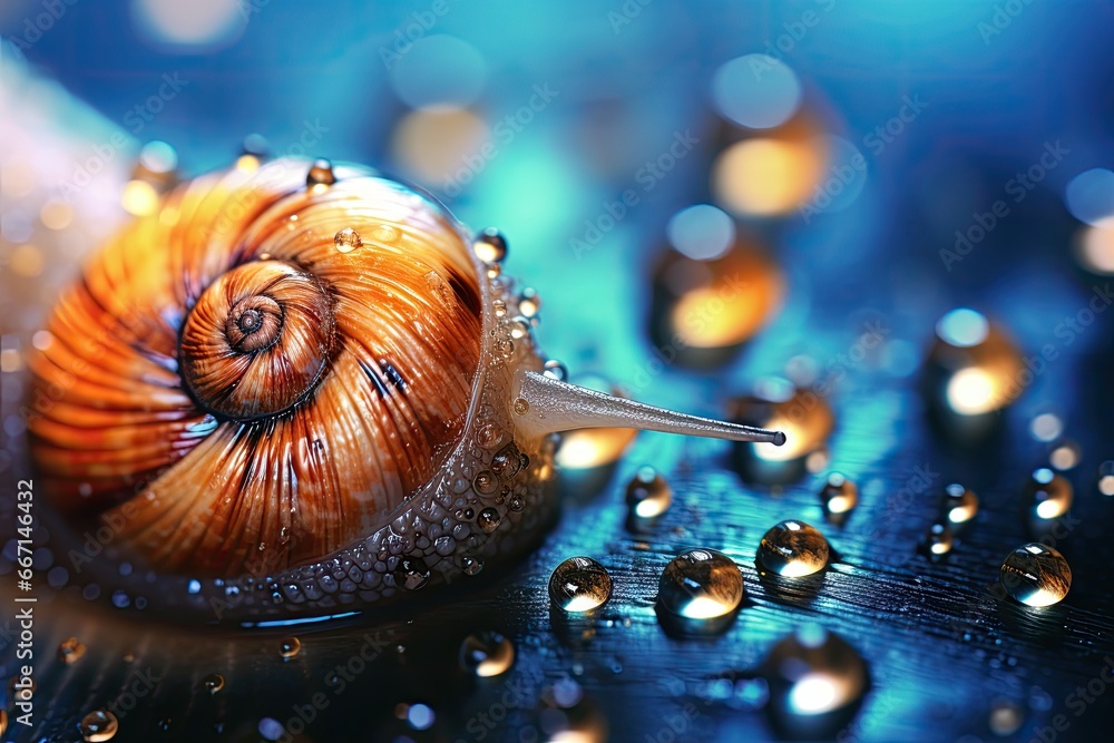 Poster a close up of a snail with drops of water on it. generative ai