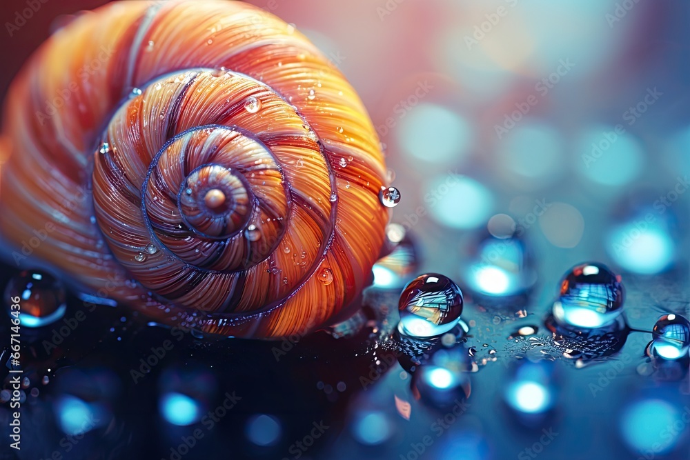 Poster a close up of a snail shell with water droplets on it. generative ai