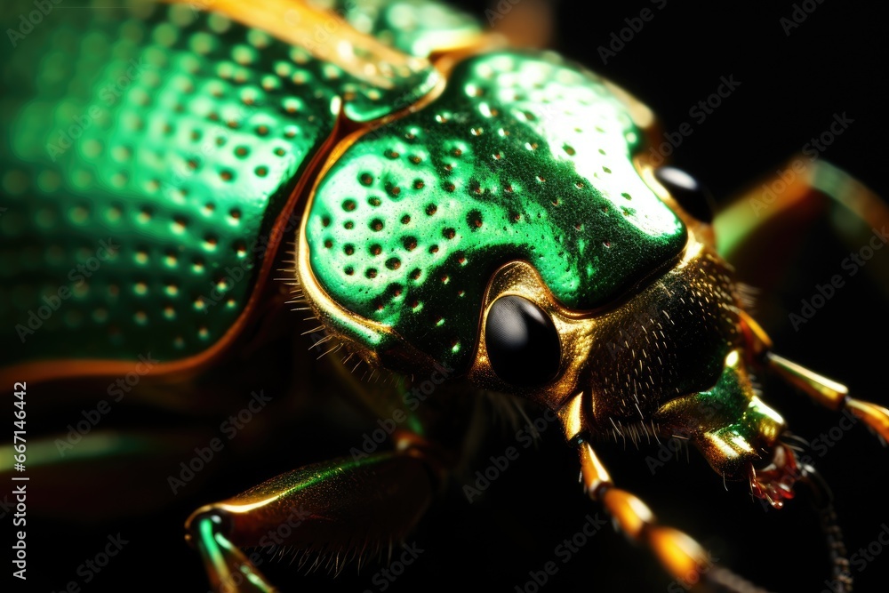Poster a close up of a green bug with black spots on it. generative ai