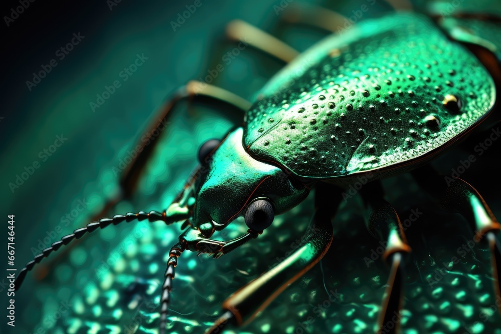 Poster a close up of a green bug on a green surface. generative ai