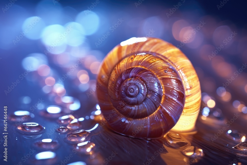 Aufkleber a close up of a snail shell on a shiny surface. generative ai