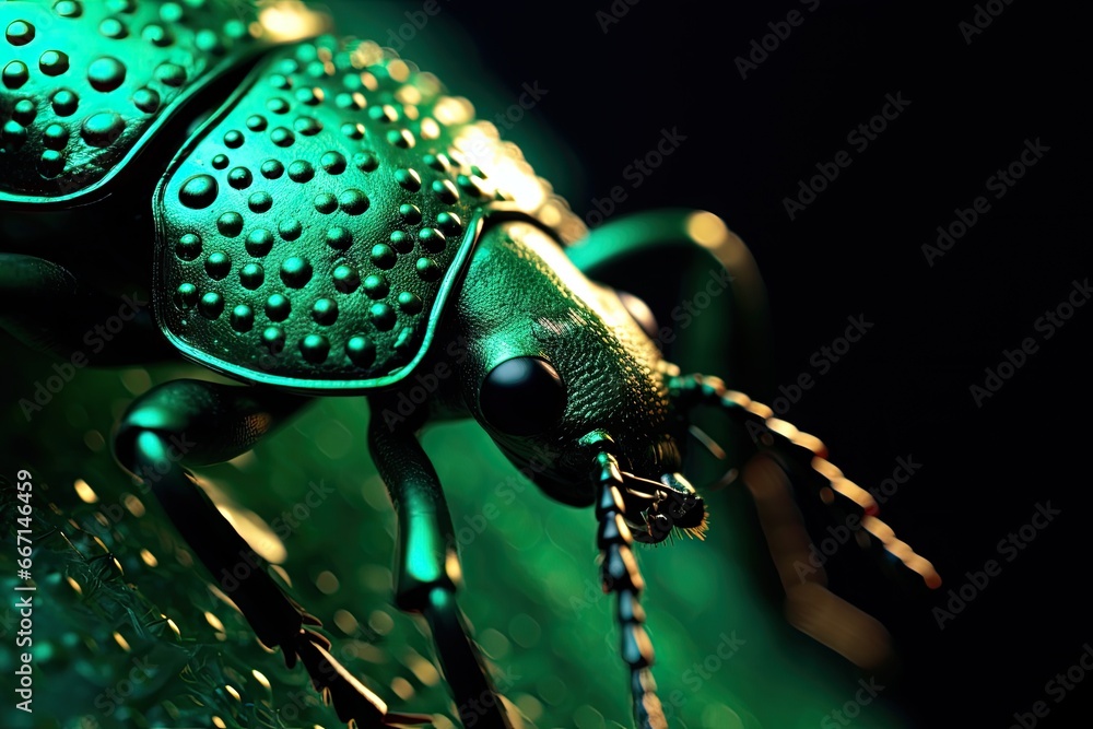Poster a close up of a green bug on a black background. generative ai