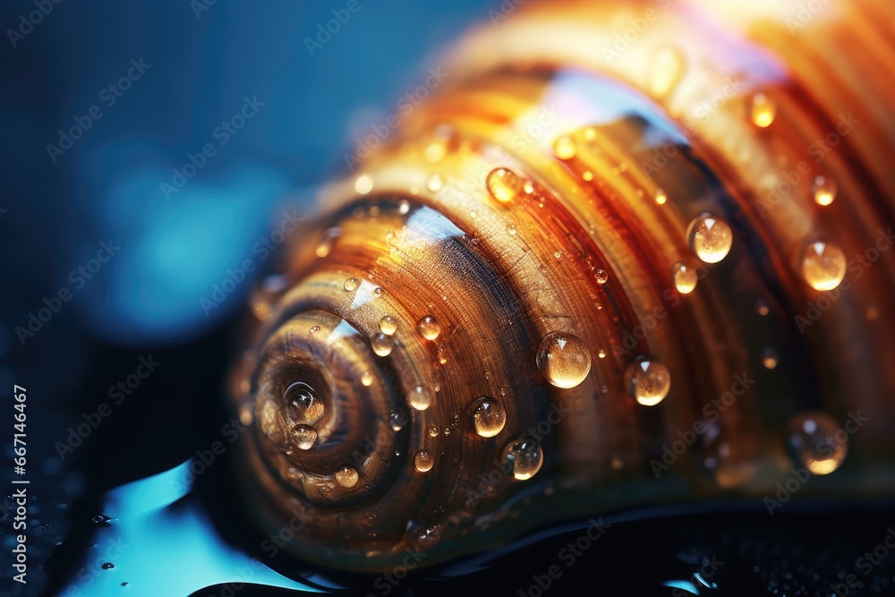Poster a close up of a snail shell with water droplets on it. generative ai