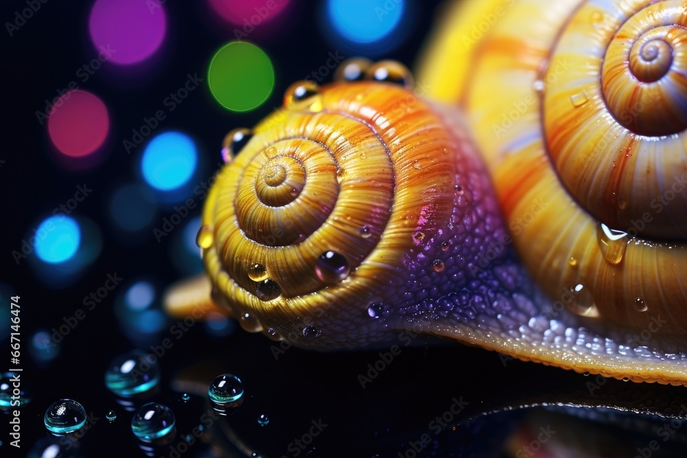 Poster a close up of a snail with drops of water on its shell. generative ai