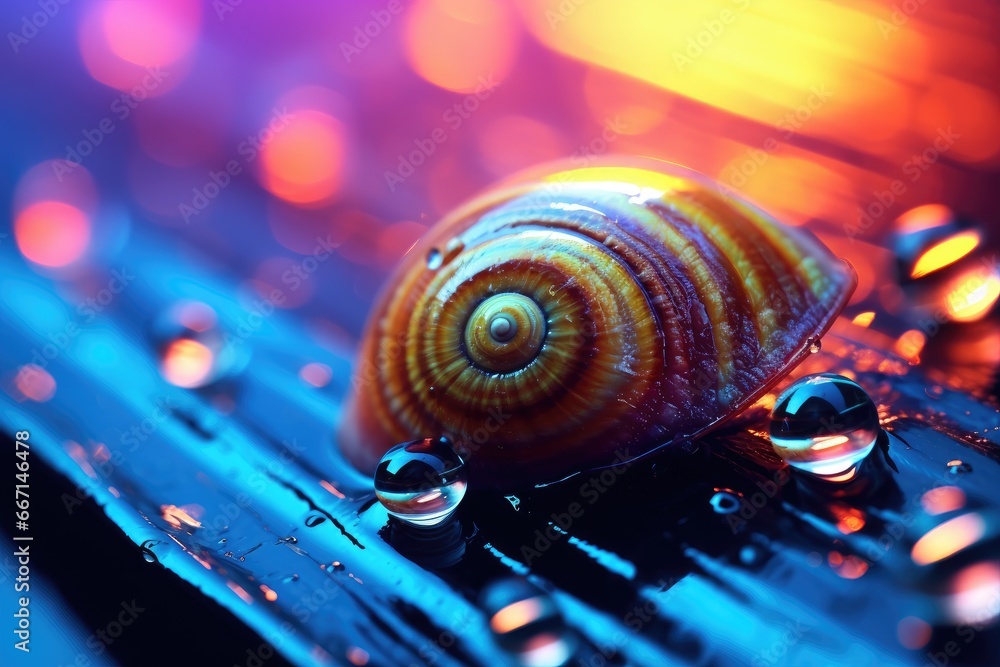 Poster a close up of a snail on a surface with drops of water. generative ai