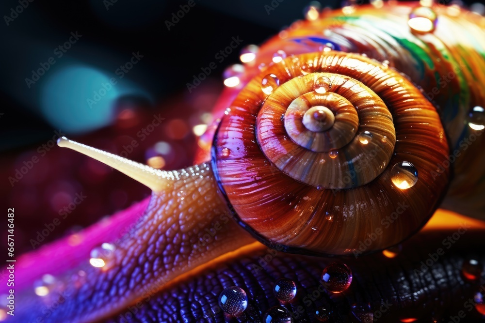Poster a close up of a snail with drops of water on its shell. generative ai