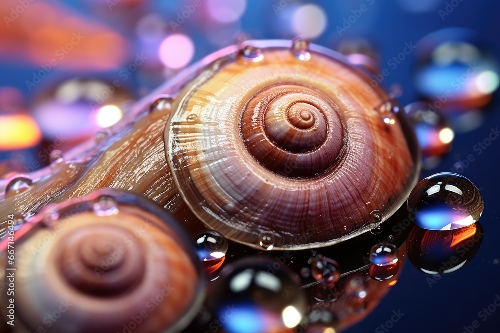 Poster a close up of a snail's shell with drops of water around it. generative ai