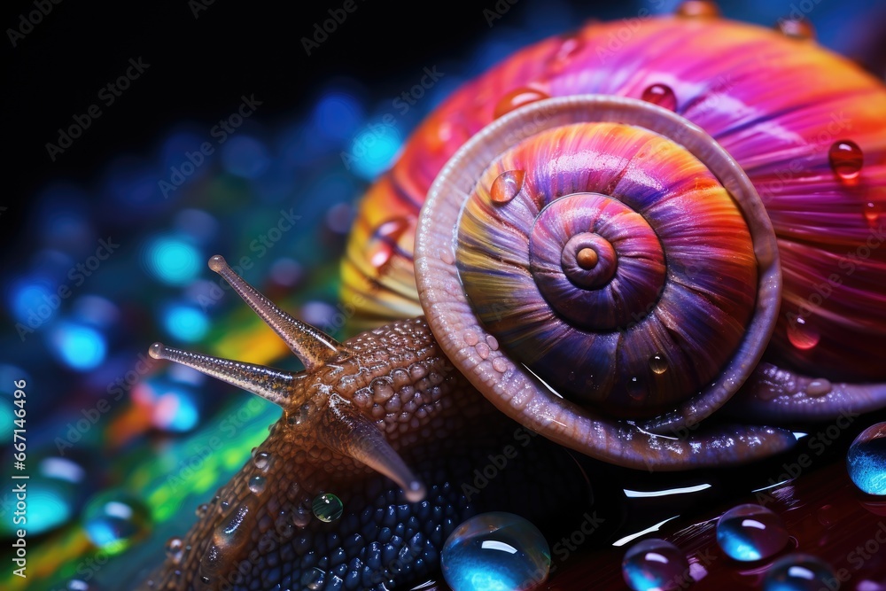 Aufkleber a close up of a snail with drops of water on it. generative ai