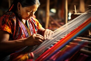 Heritage Craft. Indigenous elderly woman weaving intricate patterns on traditional looms. Colorful threads, patterns coming to life, focused artistry. Skilled craftsmanship, tradition. Weaver - obrazy, fototapety, plakaty