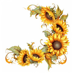Graphic frame border of sunflowers, isolated on transparent PNG