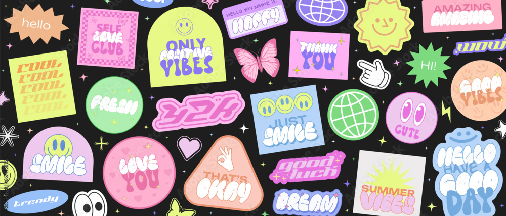 Poster y2k stickers vector pack. set of trendy retro patches pop art design. cool groovy smile collage.