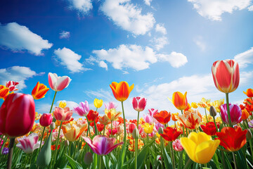 Fototapeta premium Landscape of beautiful scenery of flowers blooming on the meadow in spring season with sunlight and blue sky background. Horizontal panoramic view of nature grass field.