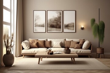 Beige and brown living room in a home mockup, beautifully rendered in 3D. Generative AI