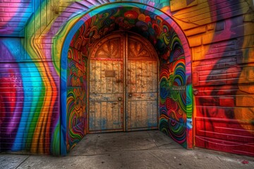 Entrance to alternate world, concealed by barriers. Vibrant hues and artistic expression. Generative AI