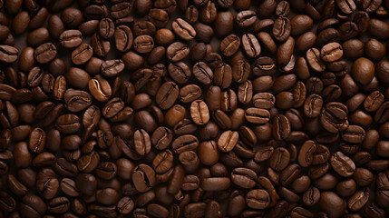 Top view of brown coffee beans scattered on the surface.