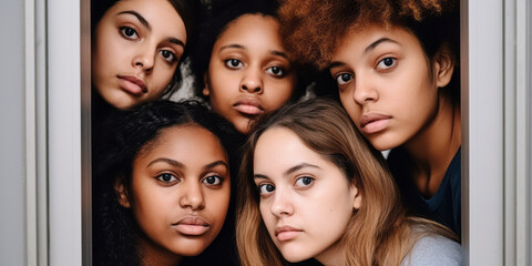 Obraz premium Captured Unity: Multiracial Group of Young Women Looking at the Camera
