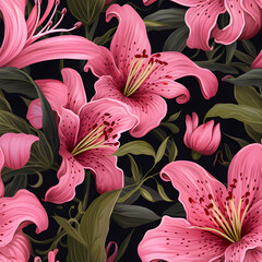 Seamless pink lilies, black background. Leaves. More details.