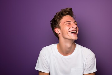 happy guy in a white shirt on a purple background. generative ai.