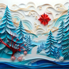 Winter Christmas painting made of paper using the quilling technique. Fairytale landscape.