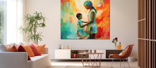 Colorful home interior with an abstract mother and child painting