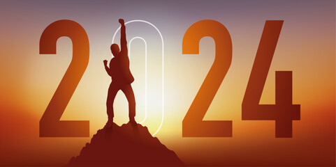 Carte de voeux 2024 montrant un homme levant le poing en signe de la victoire après avoir atteint son objectif en arrivant au sommet d’une montagne.