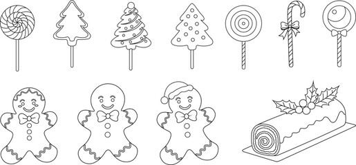 Fototapeta na wymiar Coloring page set of hand drawn candy and gingerbread, cookies Christmas. Christmas colouring page