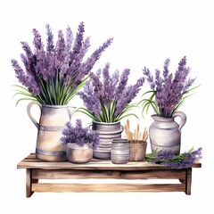  Watercolor Lavender bouquets in wooden cart, vases and jar