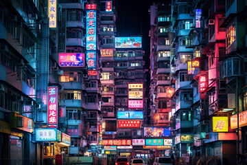 street view of overcrowded facade buildings with night lights