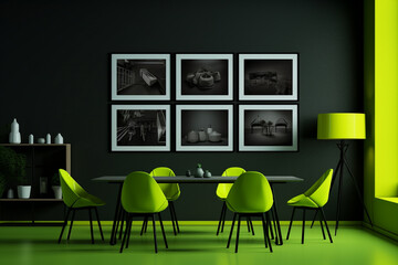 an interior scene table and chairs in a minimal and futuristic living room, home decor, black and yellow  palette ,and frameworks on the wall