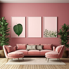 an interior scene sofa and armchairs in a minimal and futuristic living room with a big cozy sofa and pillows, home decor, blue and pink palette, green plants and frameworks