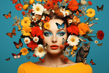 pop art surreal  fashion portrait of a model with a cat  , surrounded by flowers and butterfly