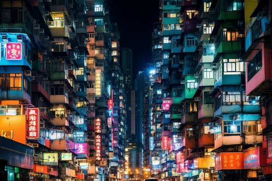 street view of overcrowded facade buildings with night lights