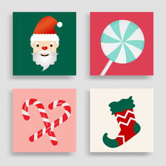 Collection of Christmas icons, Santa Cause, Candy cane, Lollipop, and Christmas socks. Colorful vector illustration in flat cartoon style.