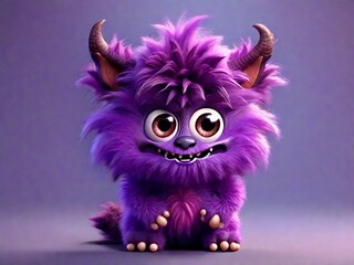 Obraz premium Cute purple furry monster 3D cartoon character on the purple background, generative Ai.