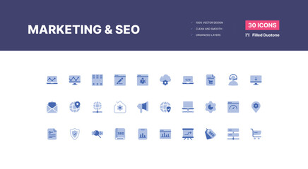 Marketing and Seo Icons Pack. SEO optimization icons. Set of line icons. Achieving results. SEO concept. Search Engine Optimization icon collection. Containing business - Filled Duotone - obrazy, fototapety, plakaty
